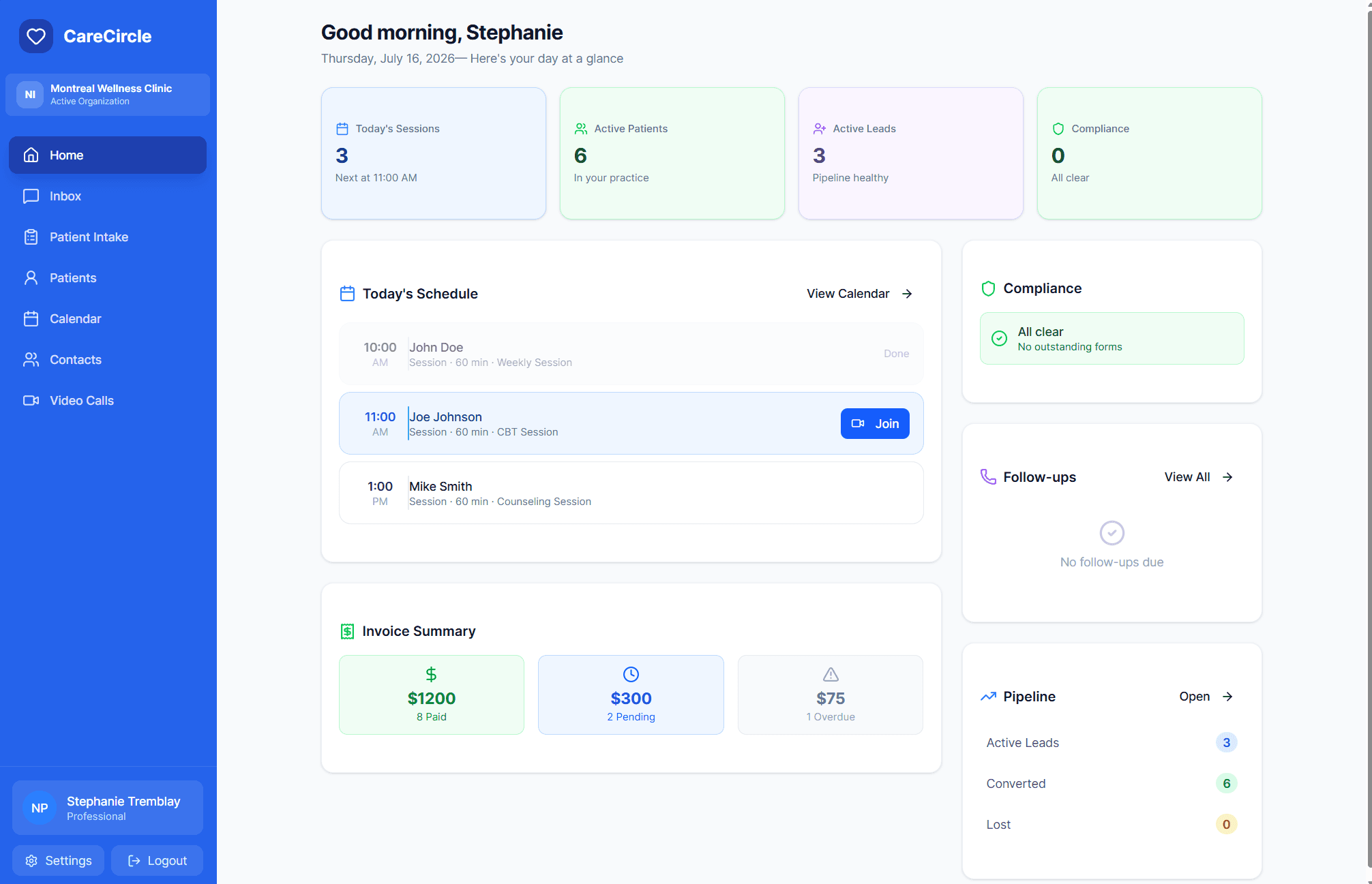 CareCircle practitioner dashboard with today's sessions, patient and intake summaries, invoices, compliance, and follow-ups